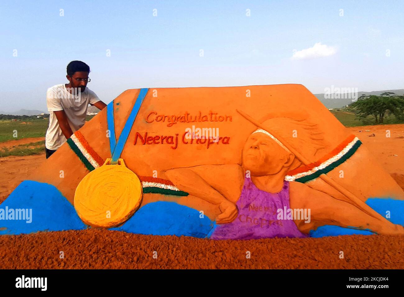 Sand Artist Ajay Rawat Create a sand sculpture to Congratulate ''Neeraj