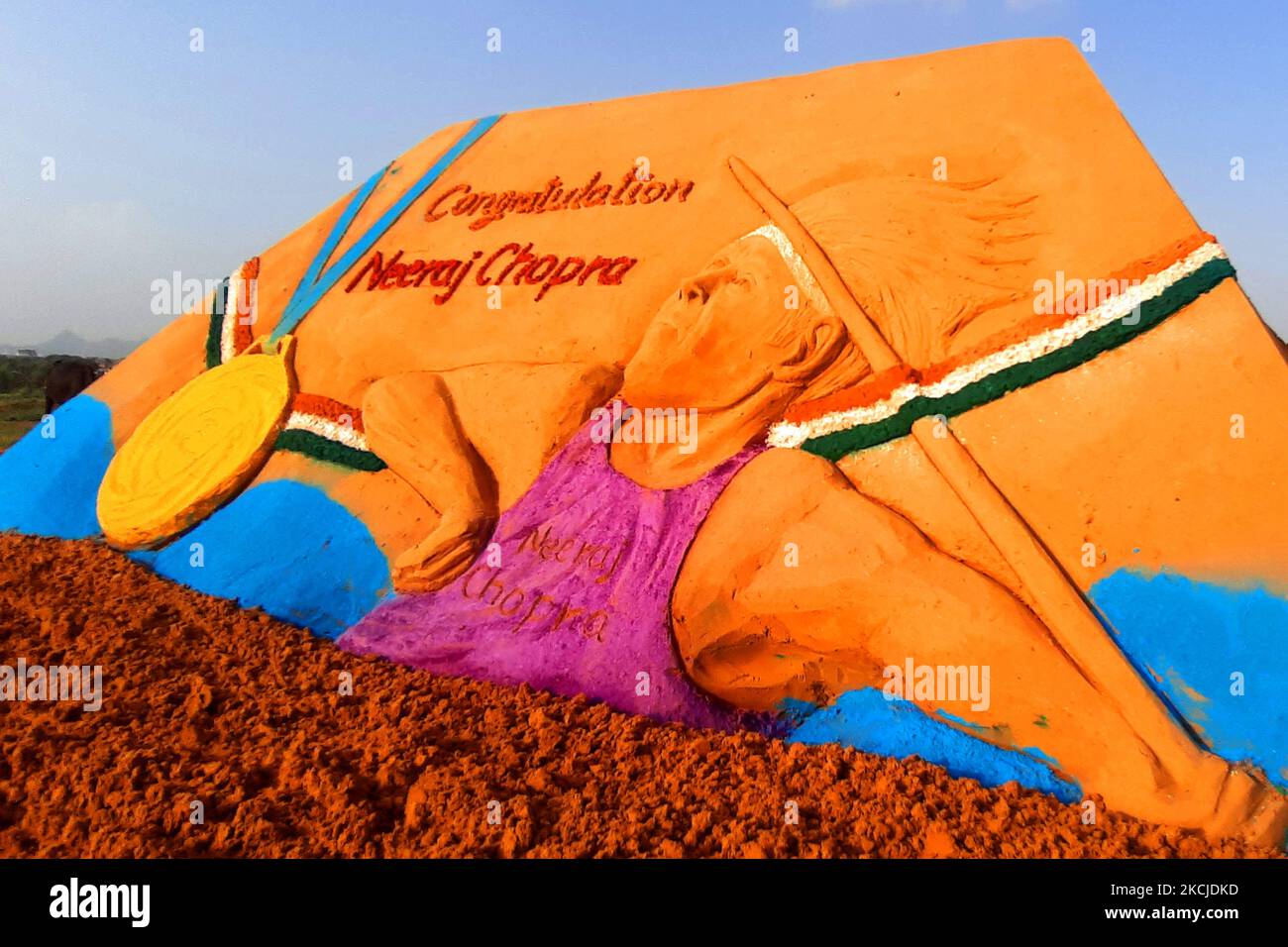 Sand Artist Ajay Rawat Create a sand sculpture to Congratulate ''Neeraj