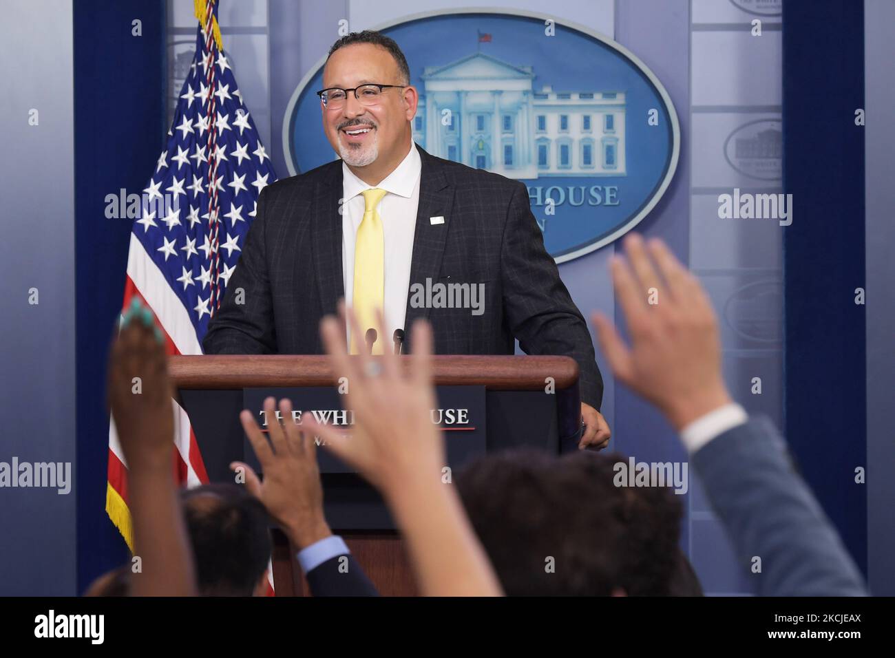 US Secretary of Education Miguel Cardona speaks about Covid19 variant and school reopening safely during a press briefing, today on August 5, 2021 at White House in Washington DC, USA.(Photo by Lenin Nolly/NurPhoto) Stock Photo