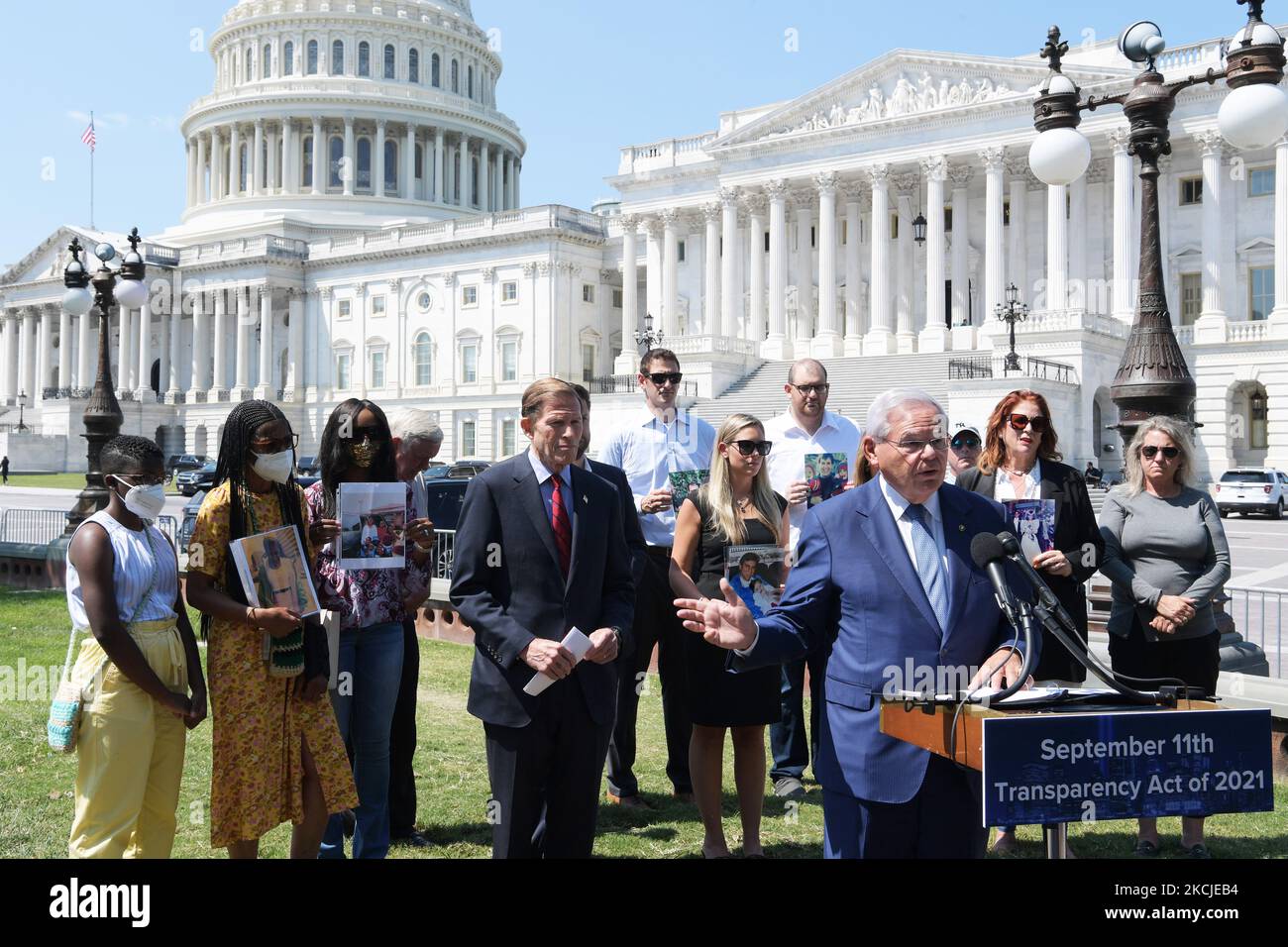 US Senators Bob Menendez(D-NJ) and Richard Blumenthal(D-CONN)(left) alongside Family Members of 9/11 Victims speaks during a press conference about of the introduction of the September 11th Transparency Act of 2021, today on August 5, 2021 at Senate Swamp in Washington DC, USA.(Photo by Lenin Nolly/NurPhoto) Stock Photo