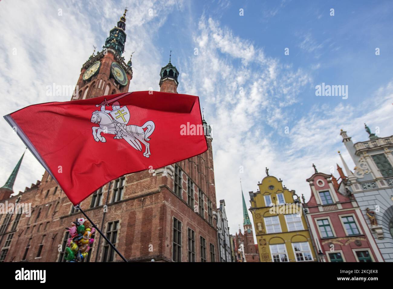 Pahonia or Pogon traditional state emblem of the Belarusians is seen in Gdansk, Poland on 9 August 2021 . People, mostly Belarusians living in Poland, protest to solidarity with their relatives and friends in Belarus, who protest over a year now after the rigged presidential elections. (Photo by Michal Fludra/NurPhoto) Stock Photo