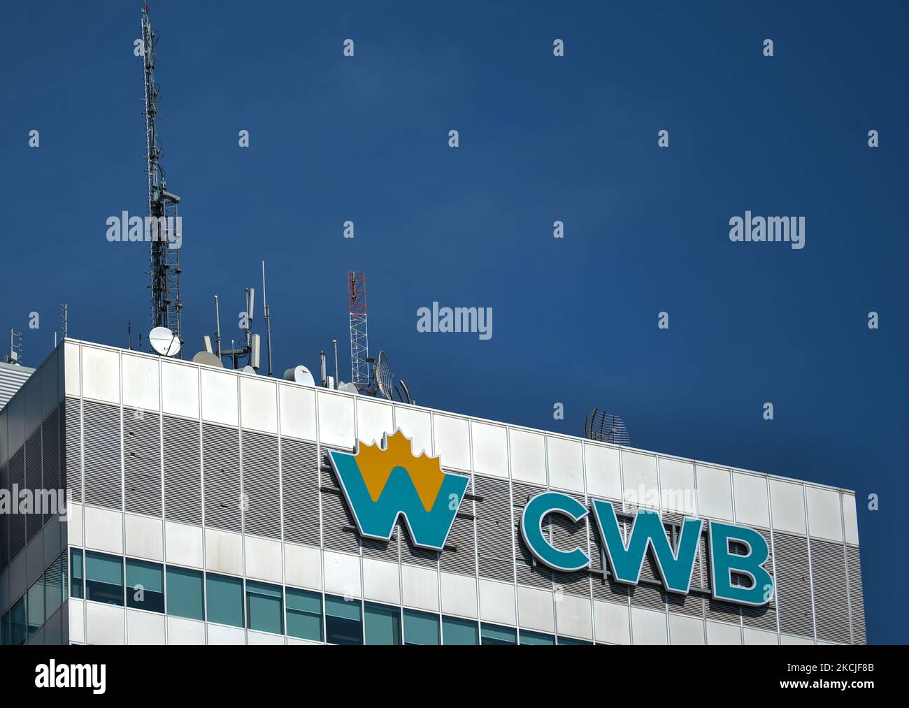 Logo of CWB, Canadian Western Bank, a Canadian bank based in Edmonton also operating as CWB Financial Group. On Monday, 9 August 2021, in Edmonton, Alberta, Canada. (Photo by Artur Widak/NurPhoto) Stock Photo