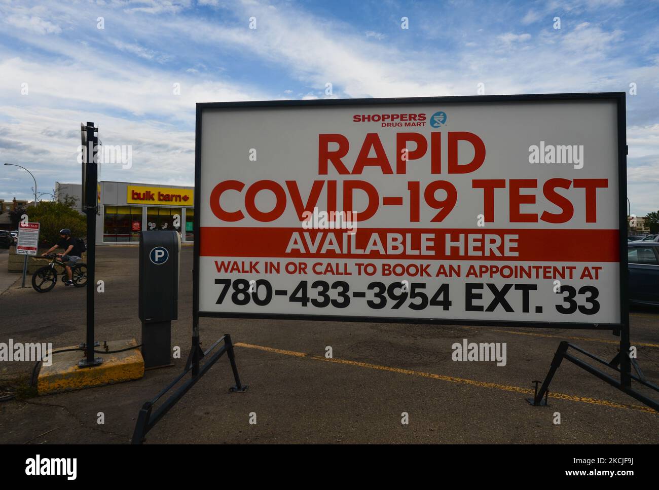 Rapid Covid19 Test sign at Shoppers Drug Mart in Edmonton's downtown