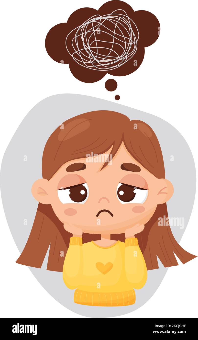 Sad pensive cute girl. Above her is bubble with confused thoughts and search for an answer. Vector illustration in cartoon style. Psychological concep Stock Vector