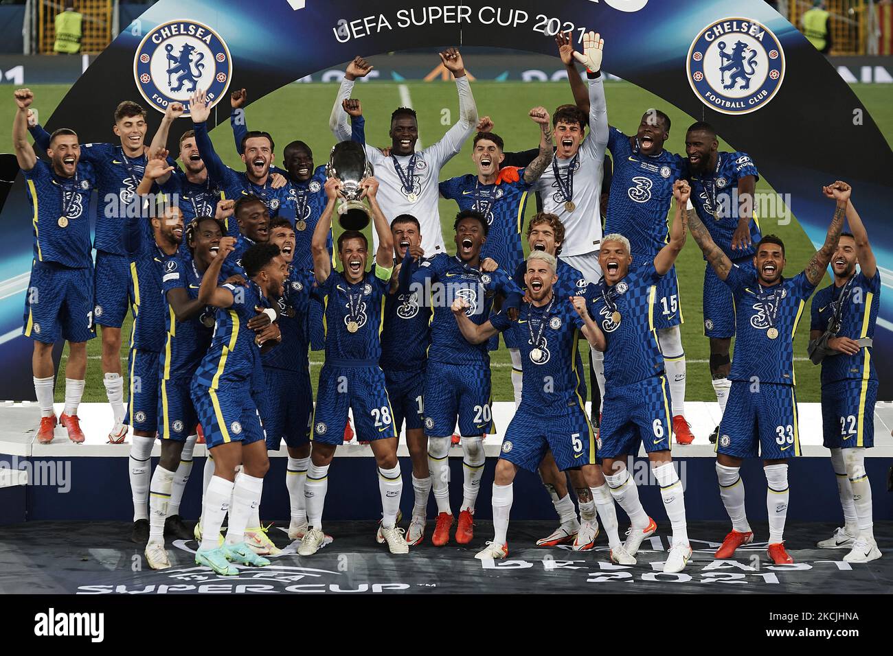 Cesar Azpilicueta of Chelsea lifts the trophy after winning with his ...