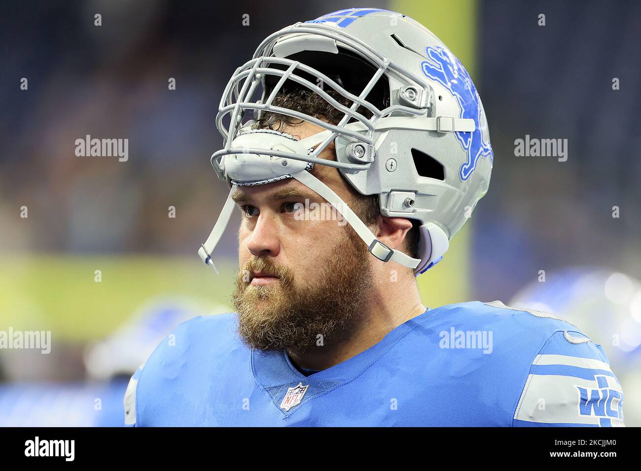 Detroit Lions center Evan Boehm (62) looks on from the sidelines during the first half of an NFL preseason football game between the Detroit Lions and the Buffalo Bills in Detroit, Michigan USA, on Friday, August 13, 2021. (Photo by Amy Lemus/NurPhoto) Stock Photo