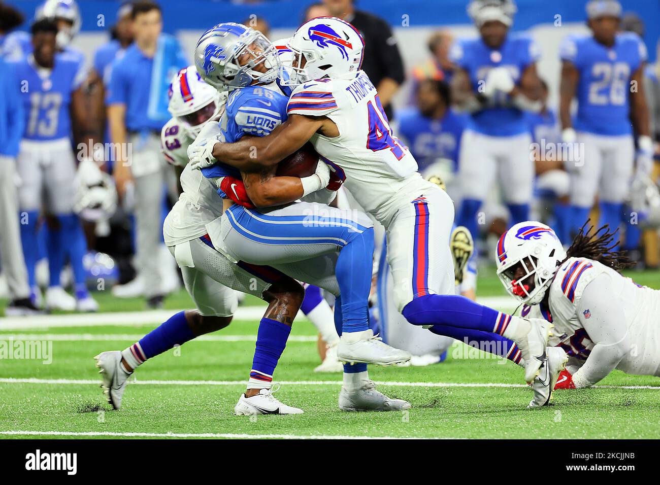 Detroit Lions runningback Michael Warren II (46) is taken down by Buffalo Bills safety Tariq Thompson (40) during the second half of an NFL preseason football game between the Detroit Lions and the Buffalo Bills in Detroit, Michigan USA, on Friday, August 13, 2021. (Photo by Amy Lemus/NurPhoto) Stock Photo