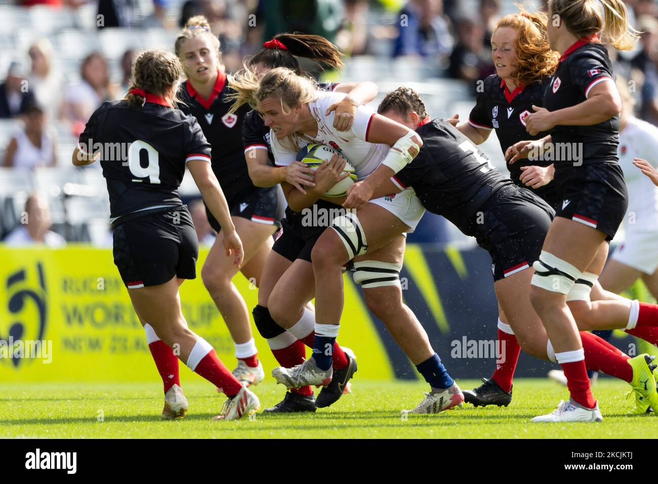 England's Zoe Aldcroft is tackled during the Women's Rugby World Cup semi-final match at Eden Park, Auckland. Picture date: Saturday November 5, 2022. Stock Photo