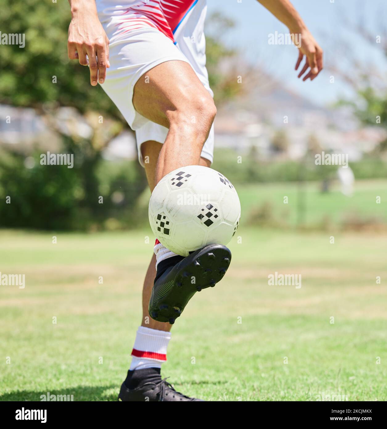 Soccer ball control, soccer player and practice skill on football field