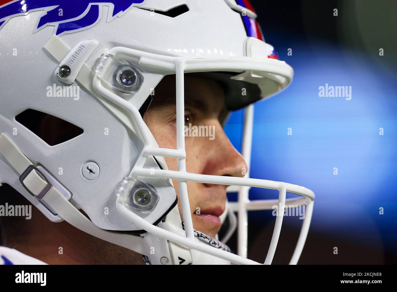 Buffalo Bills punter Matt Haack (3) looks on from the sidelines during the second half of an NFL preseason football game between the Detroit Lions and the Buffalo Bills in Detroit, Michigan USA, on Friday, August 13, 2021. (Photo by Amy Lemus/NurPhoto) Stock Photo