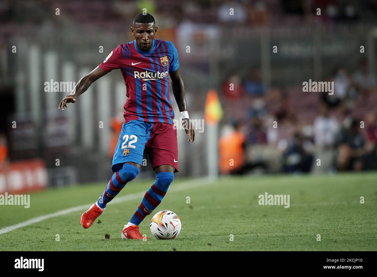 Emerson Royal of Barcelona in action during the La Liga Santader match between FC Barcelona and Real Sociedad at Camp Nou on August 15, 2021 in Barcelona, Spain. (Photo by Jose Breton/Pics Action/NurPhoto) Stock Photo