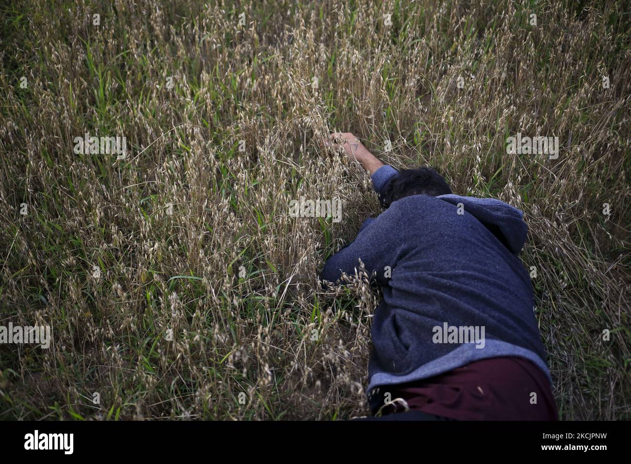 A resting refugee near Krynki on August 14, 2021. (Photo by Maciej Luczniewski/NurPhoto) Stock Photo