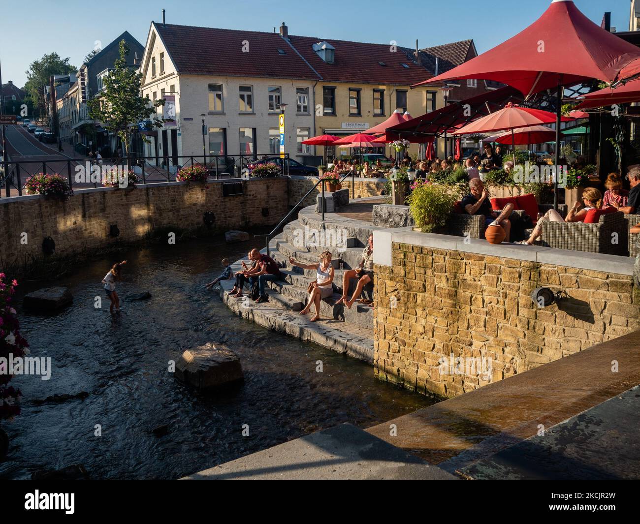 Hundreds of tourists are enjoying the good weather in one of the terraces in the tourism town of Gulpen, during the new route, The Dutch Mountain Trail around the South of Limburg, in The Netherlands, on August 11th, 2021. (Photo by Romy Arroyo Fernandez/NurPhoto) Stock Photo