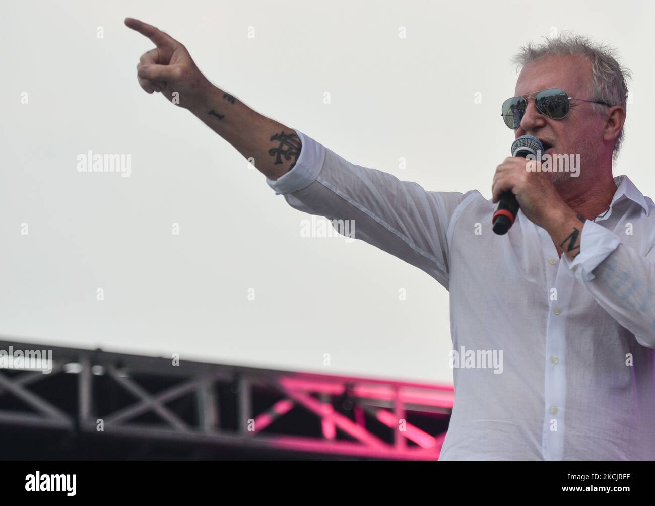 Glass Tiger lead singer Alan Frew performs on stage during Edmonton Rock Fest as part of the Together Again series at the historic Racetrack Infield on the Edmonton Exhibition Lands (formerly Northlands Park) in Edmonton. On Saturday, 14 August 2021, in Edmonton, Alberta, Canada. (Photo by Artur Widak/NurPhoto) Stock Photo