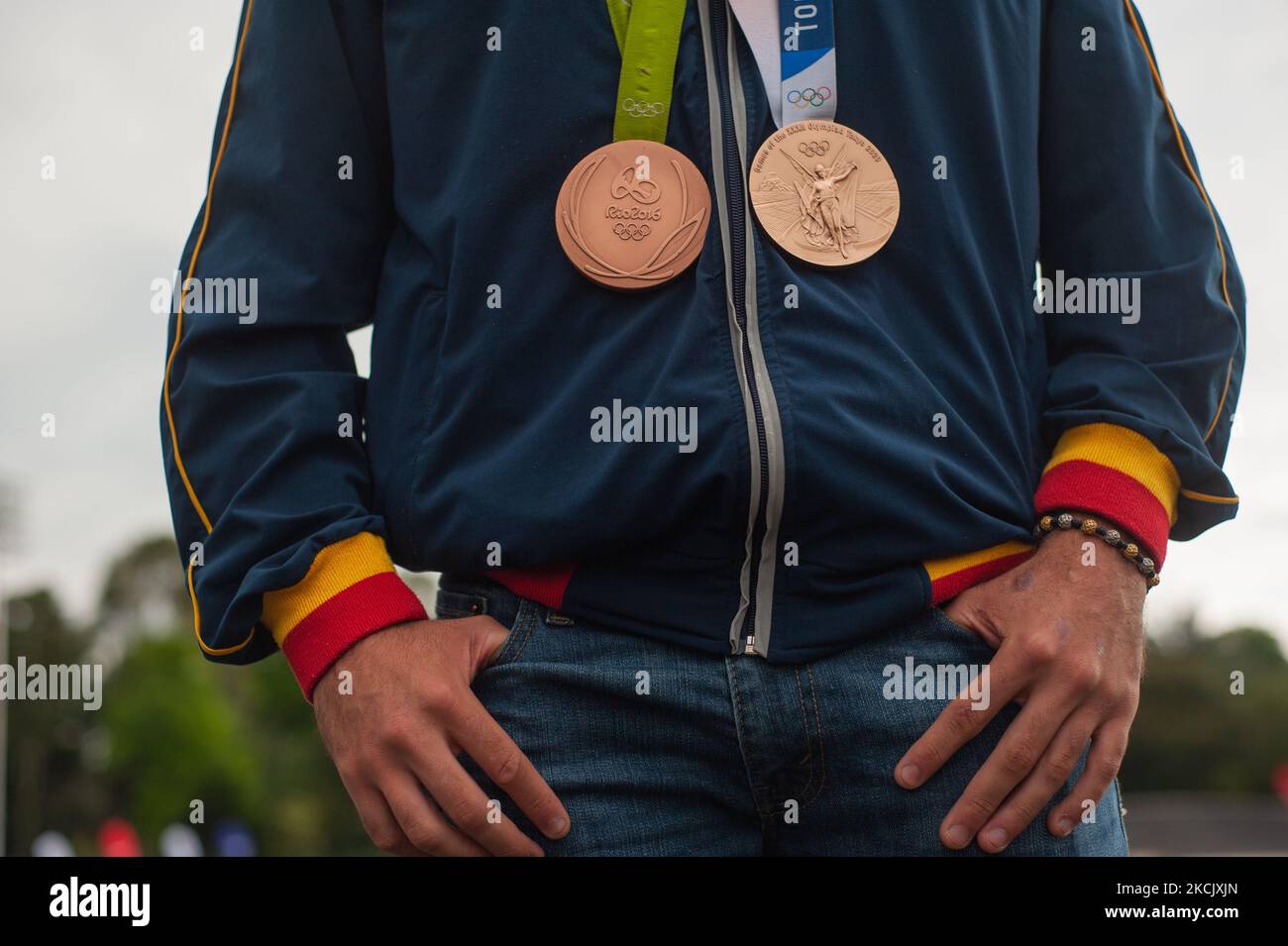 Carlos Ramirez poses for a photo with his two bronze medals from the Rio 2016 Olympics and 2020+1 Tokyo Olympics during the name inauguration of the Carlos Ramirez BMX track named after Carlos Ramirez bronze Olympic Medal winner during the Tokyo 2020+1 Olympics, in Bogota, Colombia, on August 18, 2021. (Photo by Sebastian Barros/NurPhoto) Stock Photo