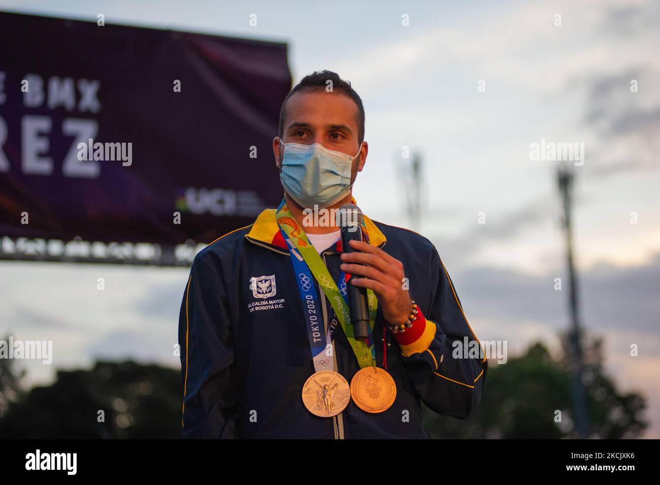 Carlos Ramirez speaks live to the press during the name inauguration of the Carlos Ramirez BMX track named after Carlos Ramirez bronze Olympic Medal winner during the Tokyo 2020+1 Olympics, in Bogota, Colombia, on August 18, 2021. (Photo by Sebastian Barros/NurPhoto) Stock Photo