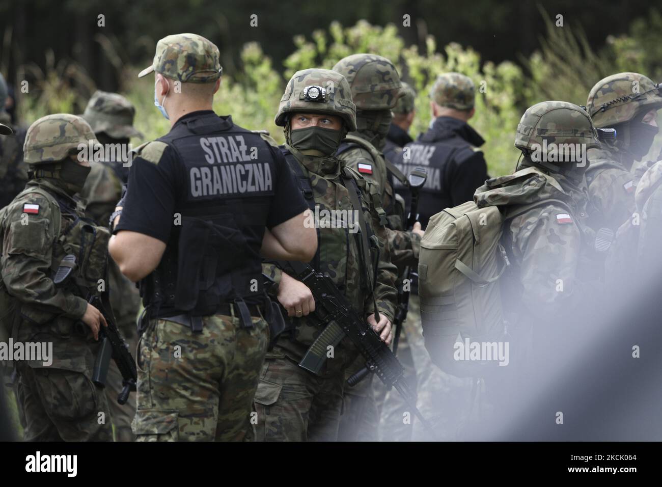 Armed members of the Polish Border Guards are seen arriving near the border with Belarus on 20 August, 2021 in Usnarz Gorny, Poland. Around 32 Afghan citizens are being held in place on the border by Polish border guards and Belarusian forces. The refugees are now pawns in a game between Lukashenko's regime who is expelling them forcefully over the border in retlation for EU sanctions and the Polish government which says it will protect Poland from illegal migrants.In the last weeks Belarusian authorities have been pushing an increasing number of refugees, mainly from Iraq over the borders of  Stock Photo