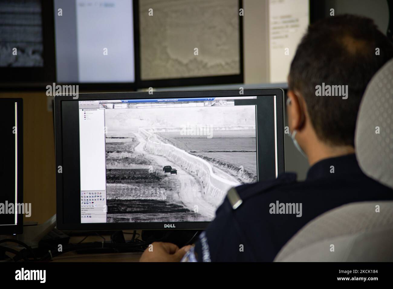 The control room of the new camera systems in Nea Vyssa. Greece strengthens its surveillance capabilities to fight the increased refugee and migrants flows from Turkey. The border protection at Greek Turkish borders in Evros region is reinforced, supported by the EU, with more Frontex personnel and vehicles, more Greek border police officers, drones, building a new fence and wall, watchtowers with thermal remote cameras and radar on the tower, new combat vehicles and control rooms. On 20 August 2021 Greek ministers visited Evros to inspect the process of the steel fence works and the border su Stock Photo