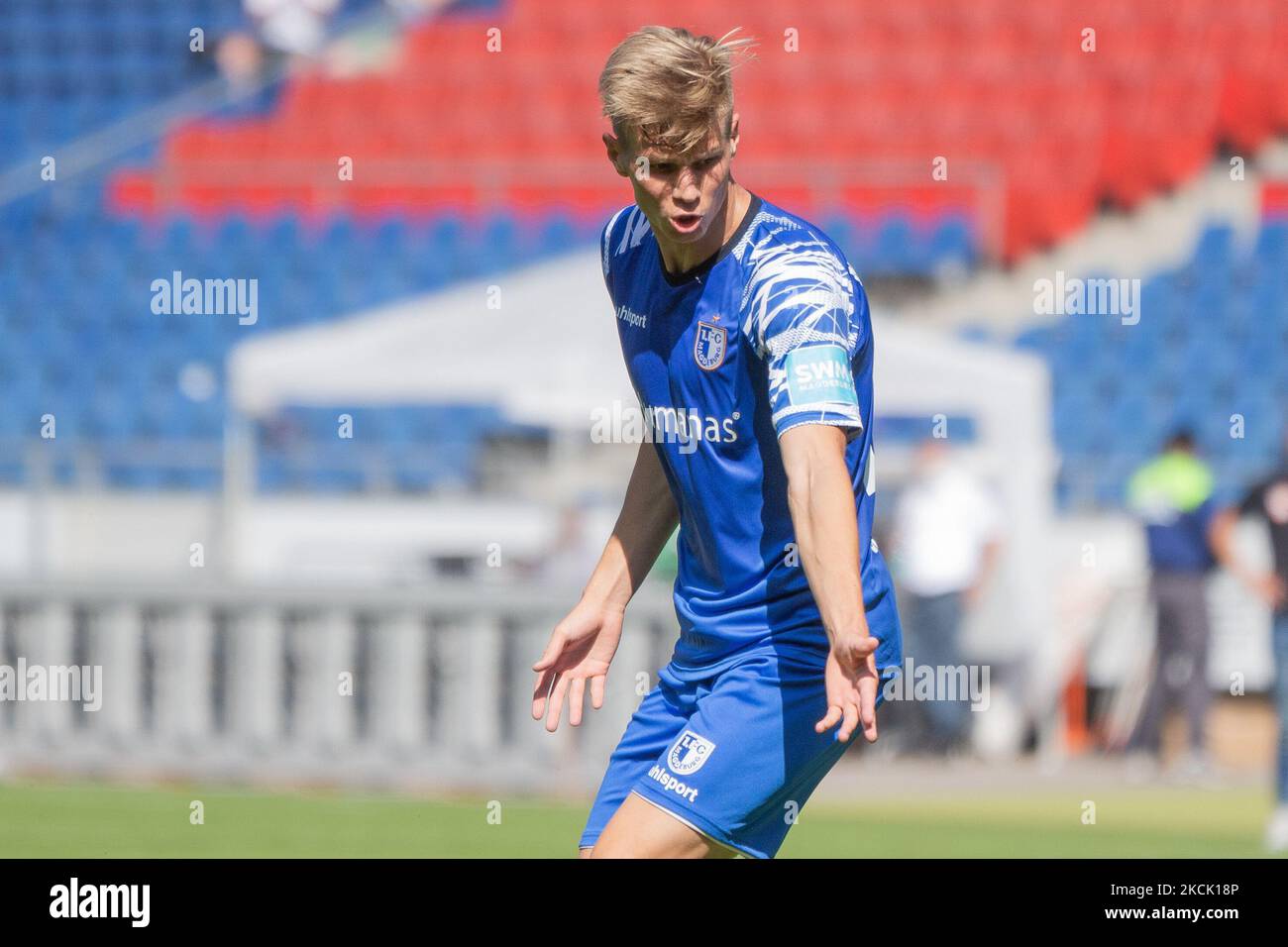 Luca Schuler of 1. FC Magdeburg reacts during the 3. Liga match between TSV Havelse and 1. FC Magdeburg at HDI-Arena on August 14, 2021 in Hanover, Germany. (Photo by Peter Niedung/NurPhoto) Stock Photo