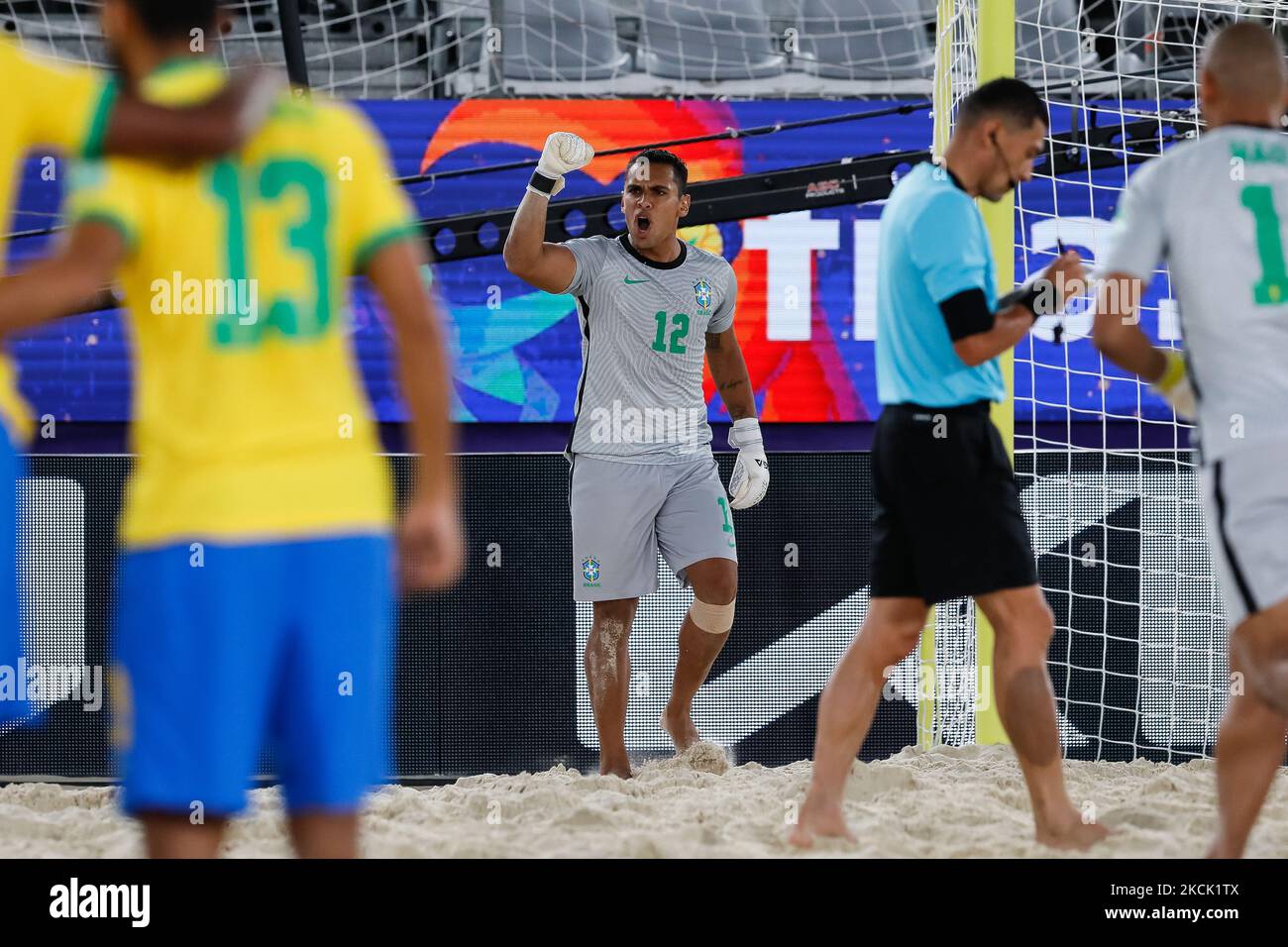 Rafa Padilha (C) of Brazil celebrates saving a penalty shot during the FIFA Beach Soccer World Cup Russia 2021 Group C match between Switzerland and Brazil on August 20, 2021 at Luzhniki Beach Soccer Stadium in Moscow, Russia. (Photo by Mike Kireev/NurPhoto) Stock Photo