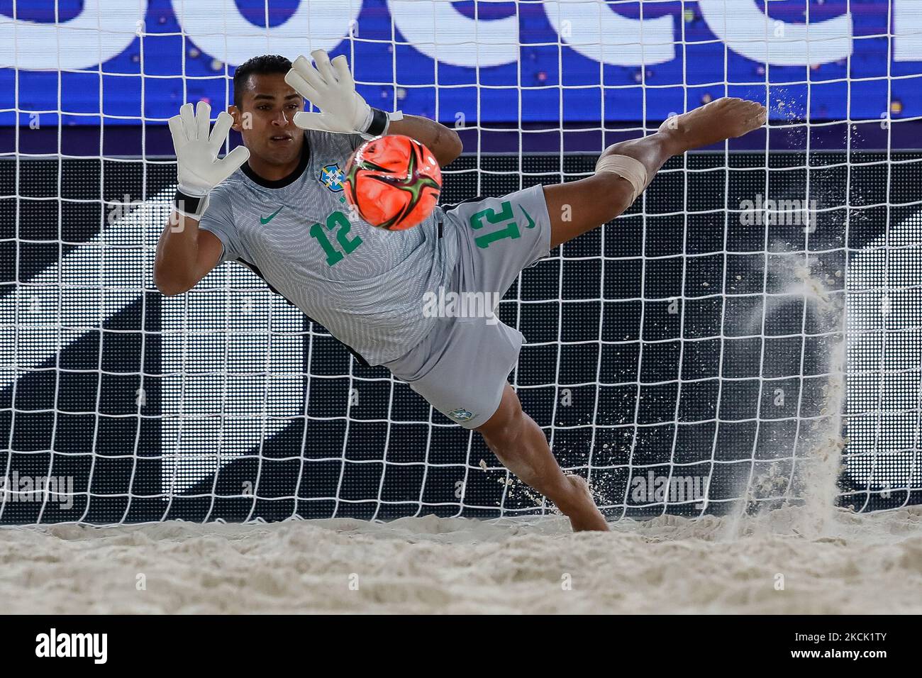 Rafa Padilha of Brazil saves a penalty shot during the FIFA Beach Soccer World Cup Russia 2021 Group C match between Switzerland and Brazil on August 20, 2021 at Luzhniki Beach Soccer Stadium in Moscow, Russia. (Photo by Mike Kireev/NurPhoto) Stock Photo