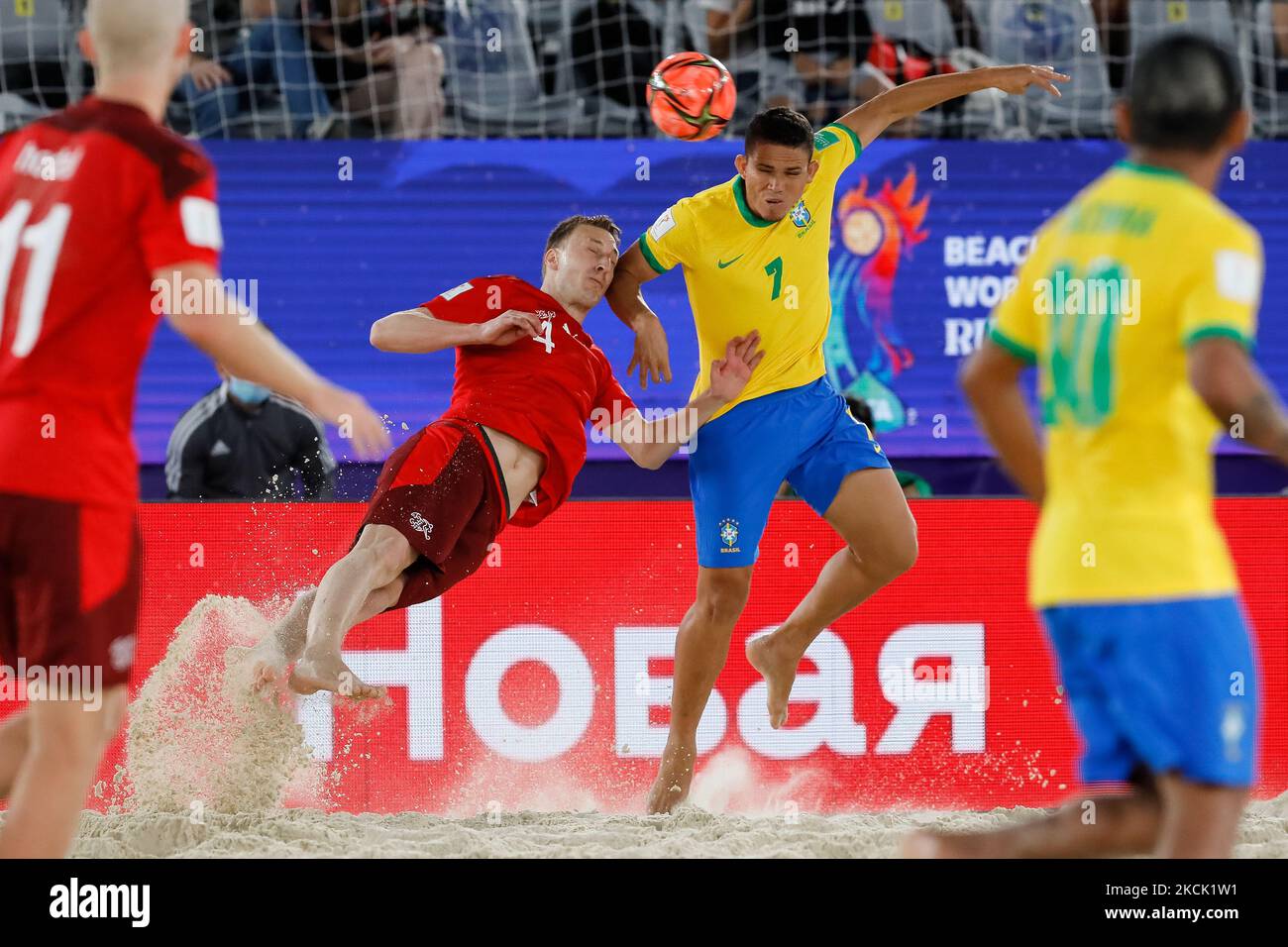 Michael Misev (N4) of Switzerland and Edson Hulk (N7) of Brazil vie for the ball during the FIFA Beach Soccer World Cup Russia 2021 Group C match between Switzerland and Brazil on August 20, 2021 at Luzhniki Beach Soccer Stadium in Moscow, Russia. (Photo by Mike Kireev/NurPhoto) Stock Photo