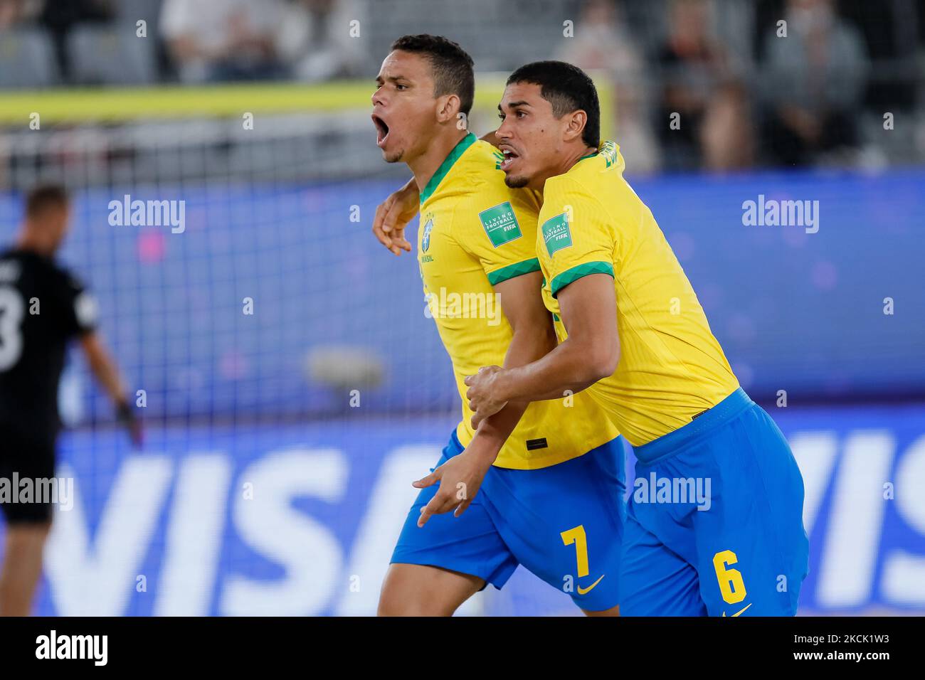 Edson Hulk (L) of Brazil celebrates his goal with Lucao during the FIFA Beach Soccer World Cup Russia 2021 Group C match between Switzerland and Brazil on August 20, 2021 at Luzhniki Beach Soccer Stadium in Moscow, Russia. (Photo by Mike Kireev/NurPhoto) Stock Photo
