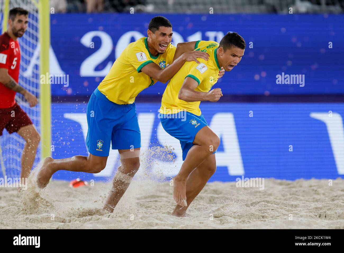 Edson Hulk (R) of Brazil celebrates his goal with Lucao during the FIFA Beach Soccer World Cup Russia 2021 Group C match between Switzerland and Brazil on August 20, 2021 at Luzhniki Beach Soccer Stadium in Moscow, Russia. (Photo by Mike Kireev/NurPhoto) Stock Photo