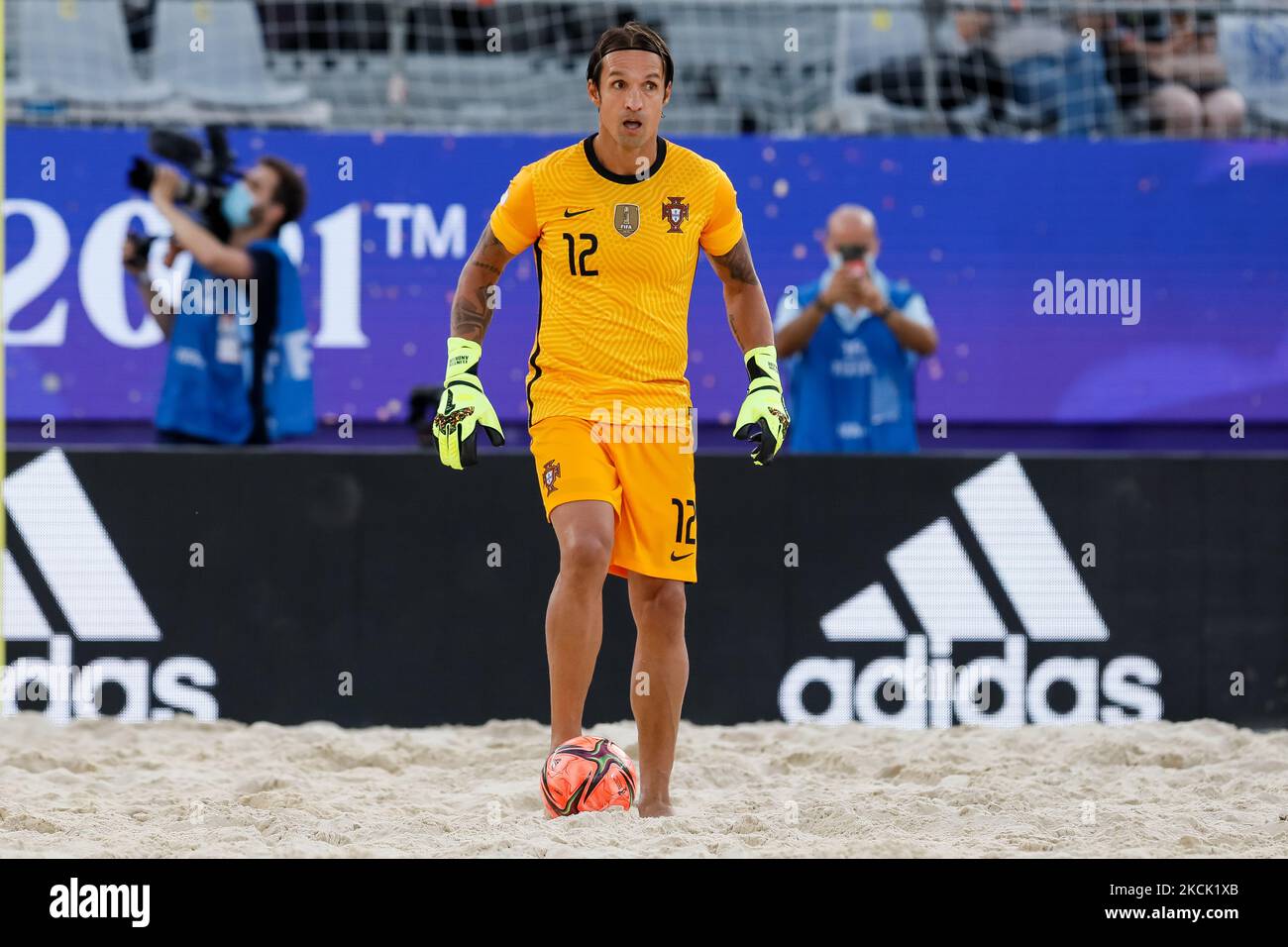 Andrade of Portugal in action during the FIFA Beach Soccer World Cup Russia 2021 Group D match between Portugal and Oman on August 20, 2021 at Luzhniki Beach Soccer Stadium in Moscow, Russia. (Photo by Mike Kireev/NurPhoto) Stock Photo