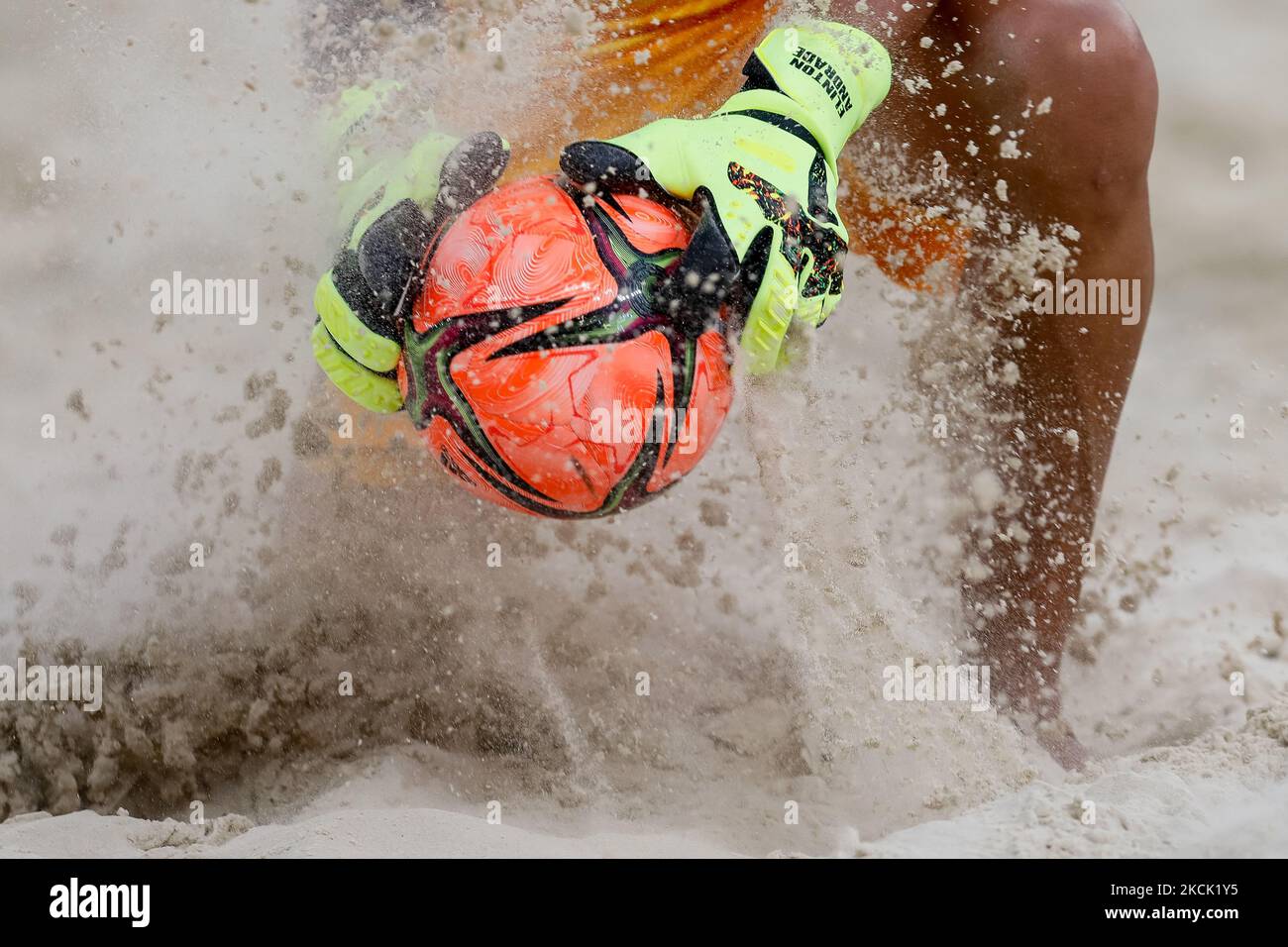 Andrade of Portugal hands in action during the FIFA Beach Soccer World Cup Russia 2021 Group D match between Portugal and Oman on August 20, 2021 at Luzhniki Beach Soccer Stadium in Moscow, Russia. (Photo by Mike Kireev/NurPhoto) Stock Photo