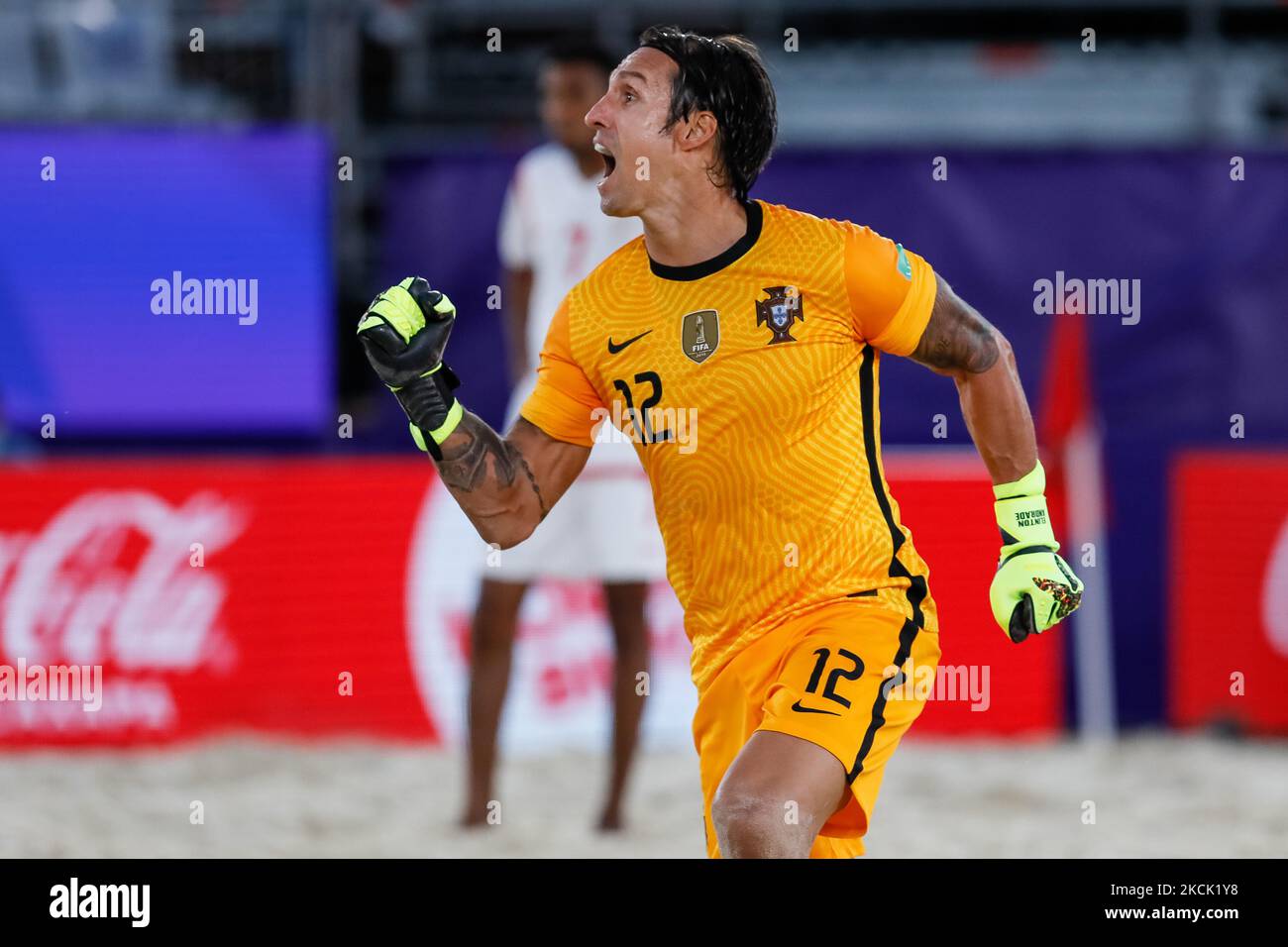 Andrade of Portugal celebrates during the FIFA Beach Soccer World Cup Russia 2021 Group D match between Portugal and Oman on August 20, 2021 at Luzhniki Beach Soccer Stadium in Moscow, Russia. (Photo by Mike Kireev/NurPhoto) Stock Photo