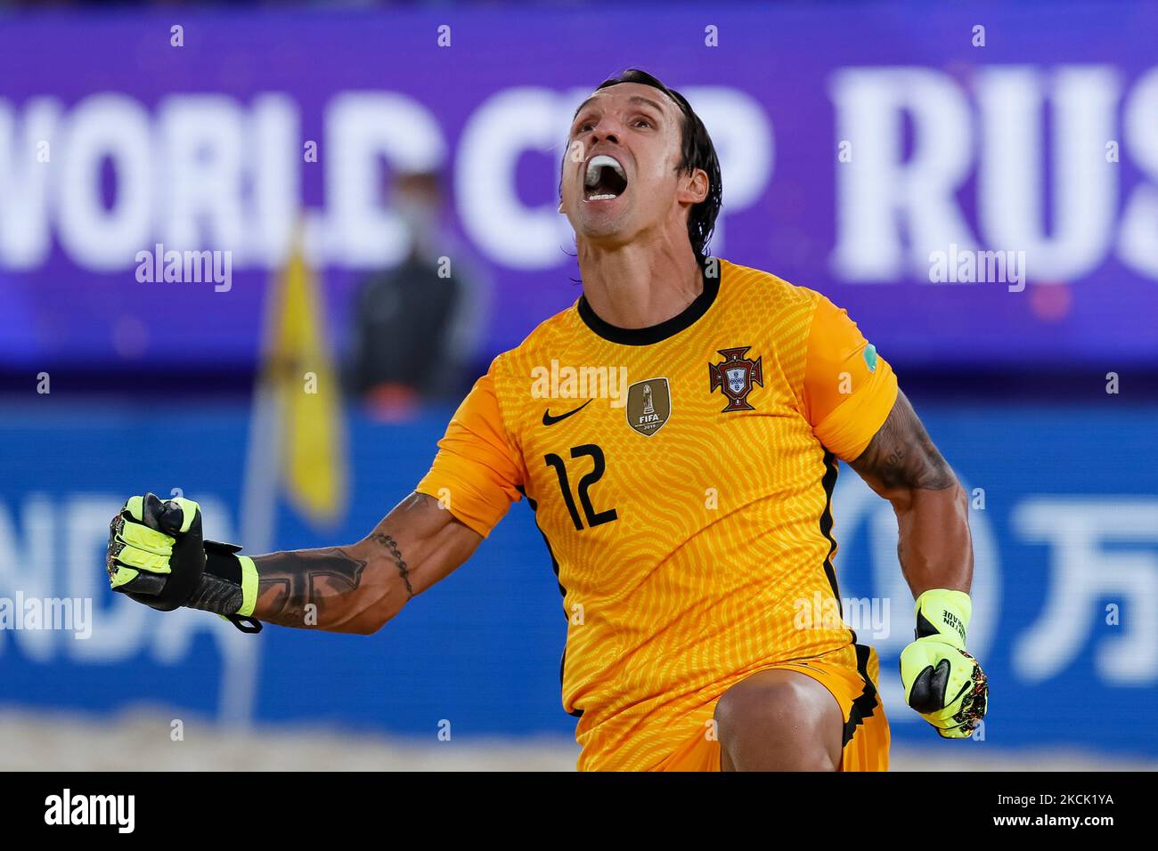 Andrade of Portugal celebrates during the FIFA Beach Soccer World Cup Russia 2021 Group D match between Portugal and Oman on August 20, 2021 at Luzhniki Beach Soccer Stadium in Moscow, Russia. (Photo by Mike Kireev/NurPhoto) Stock Photo