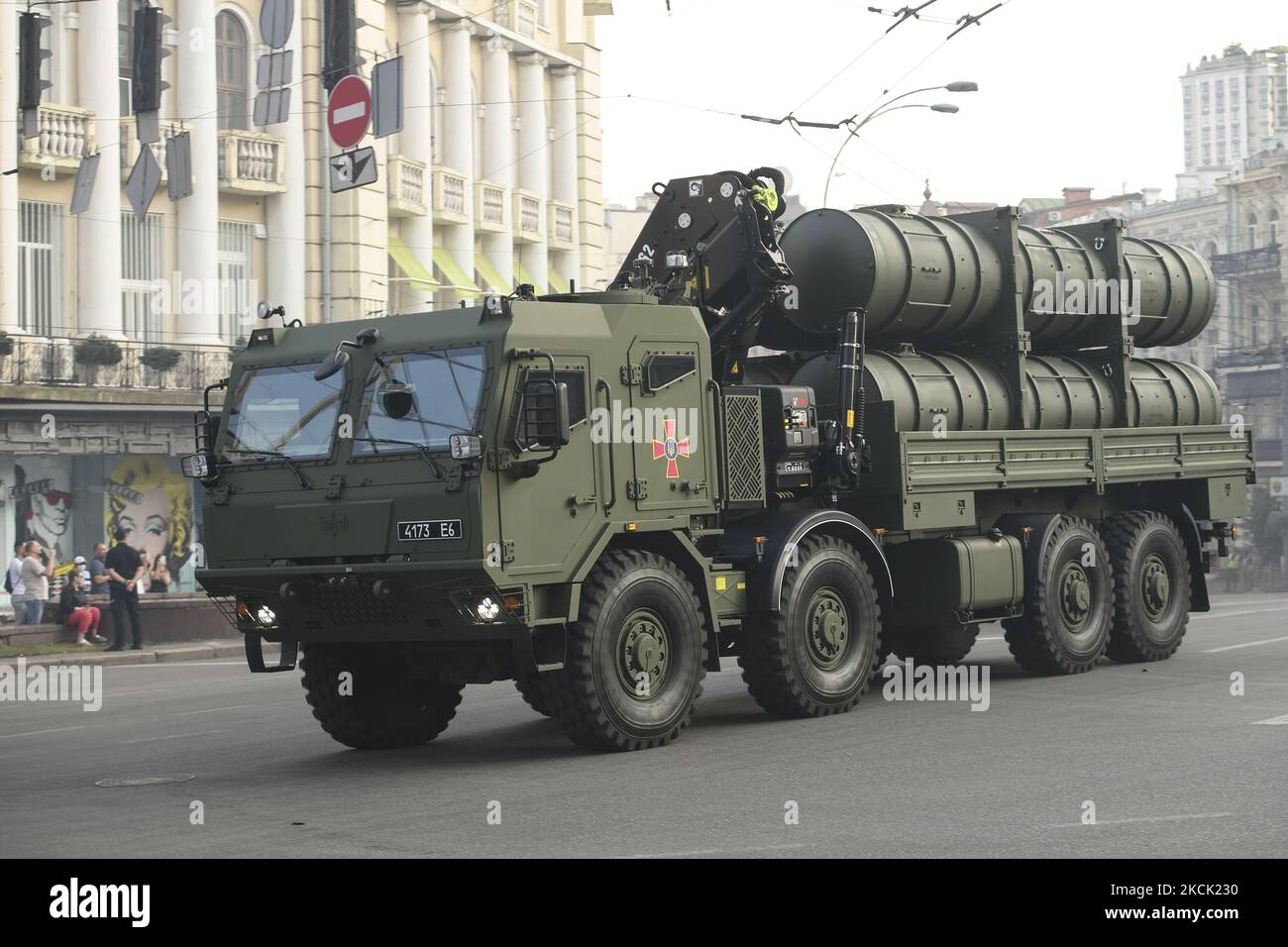 Ukrainian mobile missile launch system Neptun drive during a rehearsal for the Independence Day military parade in central Kyiv, Ukraine August 20, 2021. (Photo by Maxym Marusenko/NurPhoto) Stock Photo
