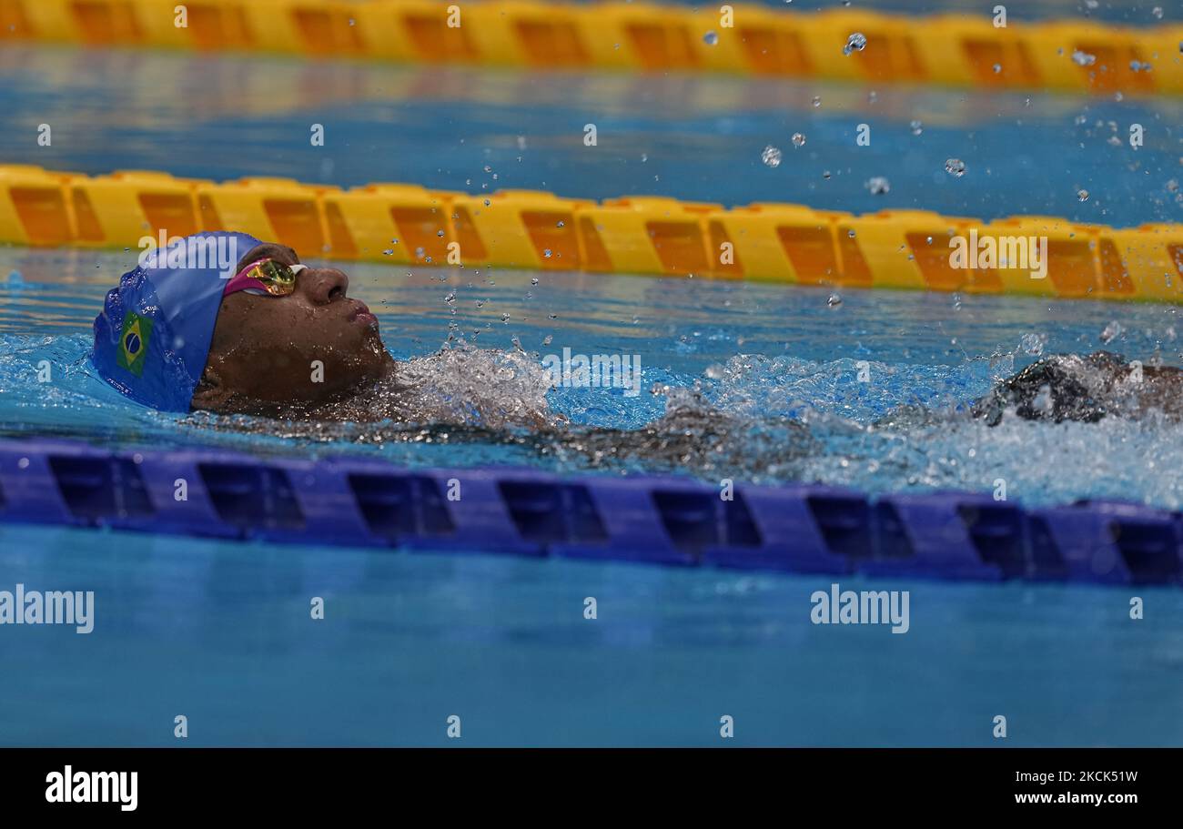 Gabriel Geraldo dos Santos Araujo from Brazil winning silver during swimming at the Tokyo Paraolympics, Tokyo Metropolitian gymnasium, Tokyo, Japan on August 25, 2021. (Photo by Ulrik Pedersen/NurPhoto) Stock Photo