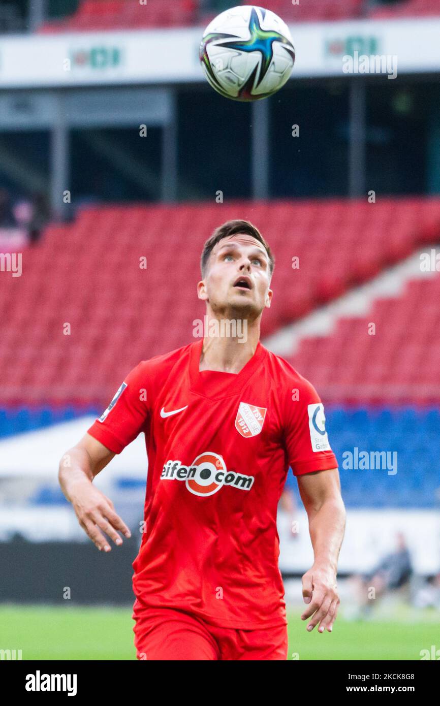 Yannik Jaeschke of havelse vie for the ball during the 3. Liga match between TSV Havelse and Tuerkguecue Muenchen at HDI-Arena on August 25, 2021 in Hanover, Germany. (Photo by Peter Niedung/NurPhoto) Stock Photo