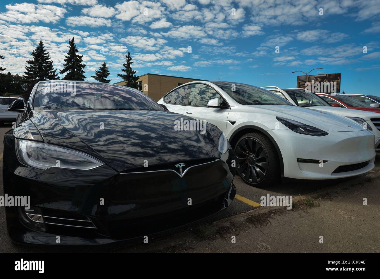 Two Tesla cars parked in Edmonton center. Thursday, August 26, 2021, in