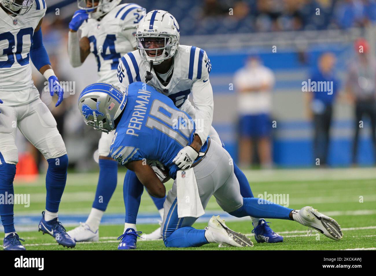 Detroit Lions wide receiver Breshad Perriman (19) is tackled by Indianapolis Colts cornerback Rock Ya-Sin (26) during the first half of the preseason NFL football game in Detroit, Michigan USA, on Friday, August 27, 2021. (Photo by Jorge Lemus/NurPhoto) Stock Photo