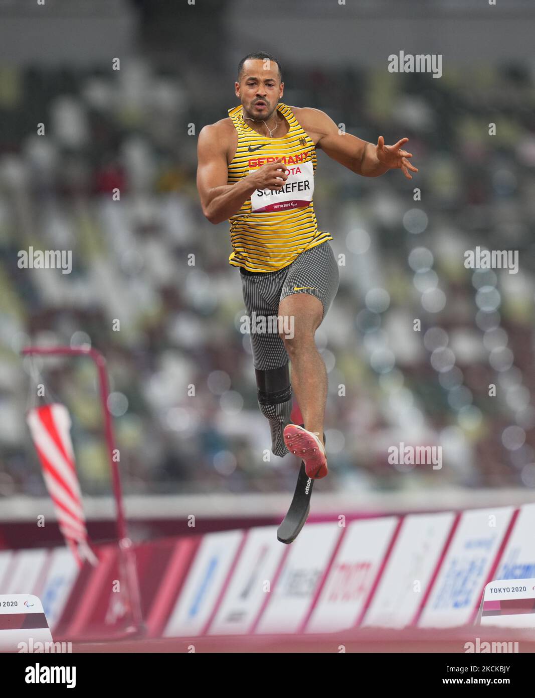 Leon Schaefer from Germany at longjump during athletics at the Tokyo Paralympics, Tokyo Olympic Stadium, Tokyo, Japan on August 28, 2021. (Photo by Ulrik Pedersen/NurPhoto) Stock Photo