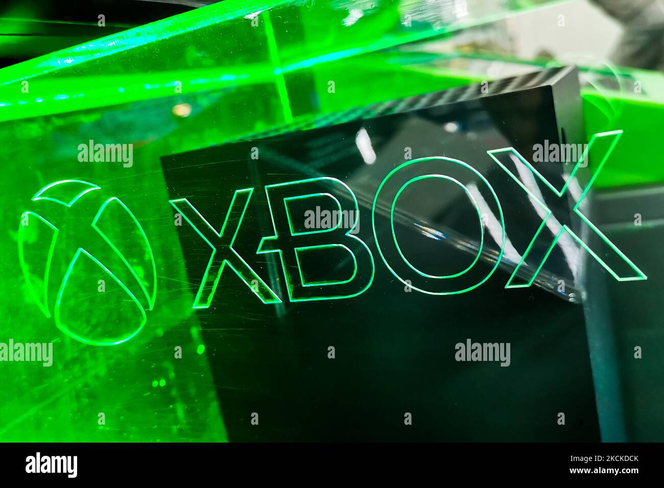 Xbox logo is seen inside electronics store in Krakow Poland on