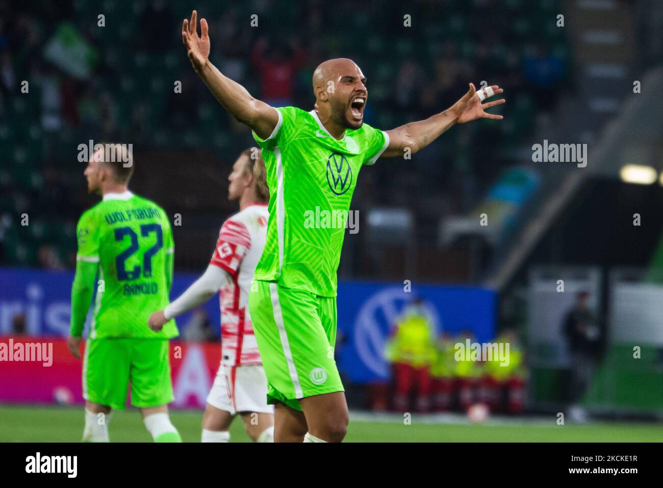 John Antony Brooks of VfL Wolfsburg celebrate following their sides victory in the Bundesliga match between VfL Wolfsburg and RB Leipzig at Volkswagen Arena on August 29, 2021 in Wolfsburg, Germany. (Photo by Peter Niedung/NurPhoto) Stock Photo