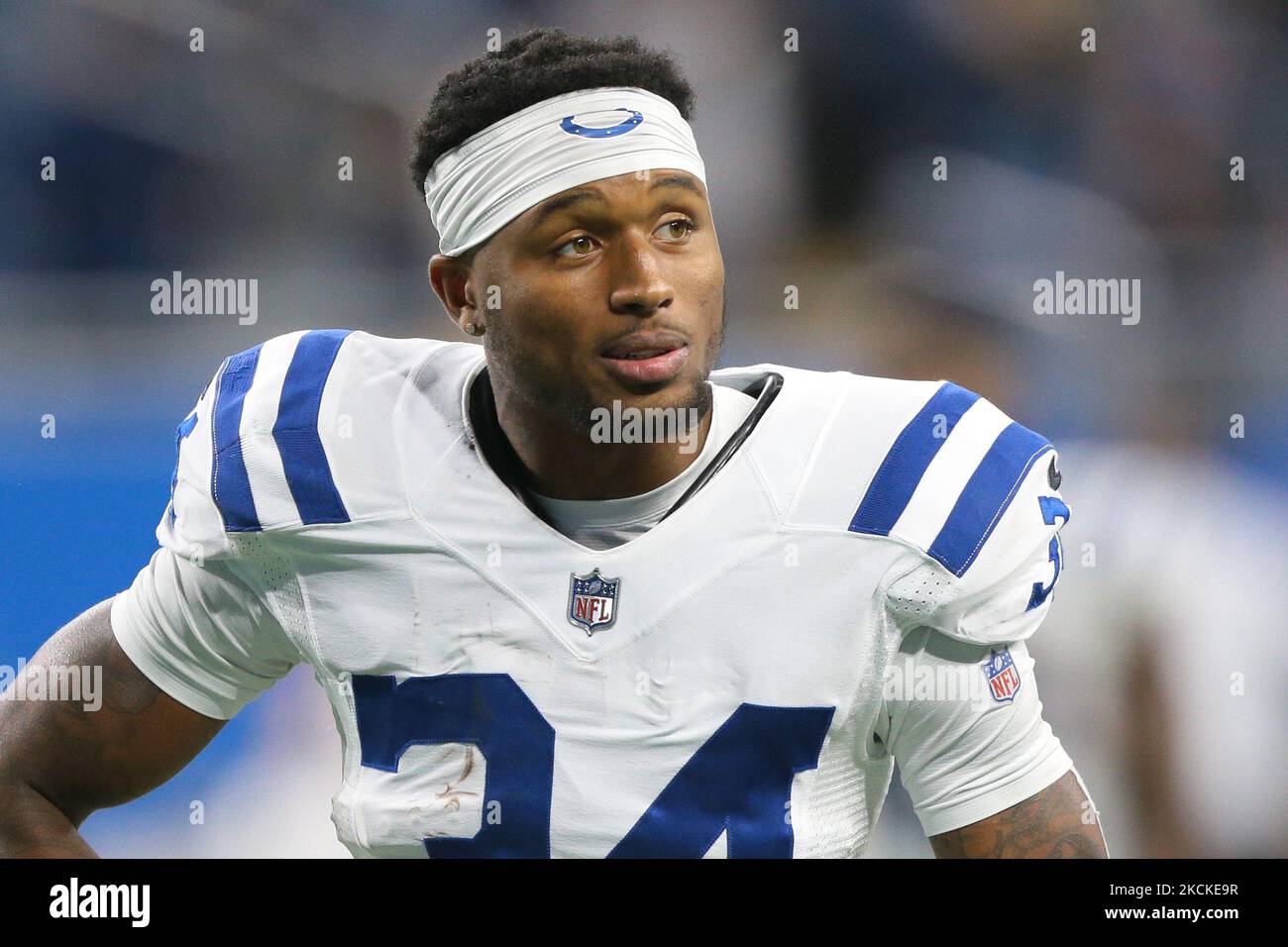Indianapolis Colts cornerback Isaiah Rodgers (34) is seen after the coclusion of the preseason NFL football game against the Detroit Lions in Detroit, Michigan USA, on Friday, August 27, 2021. (Photo by Jorge Lemus/NurPhoto) Stock Photo