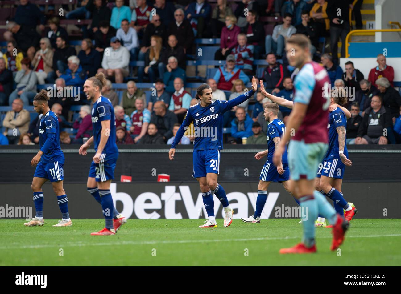 Patrick Bamford of Leeds United scores his team's first goal during the Premier League match between Burnley and Leeds United at Turf Moor, Burnley, UK on 29th August 2021. (Photo by Pat Scaasi/MI News/NurPhoto) Stock Photo