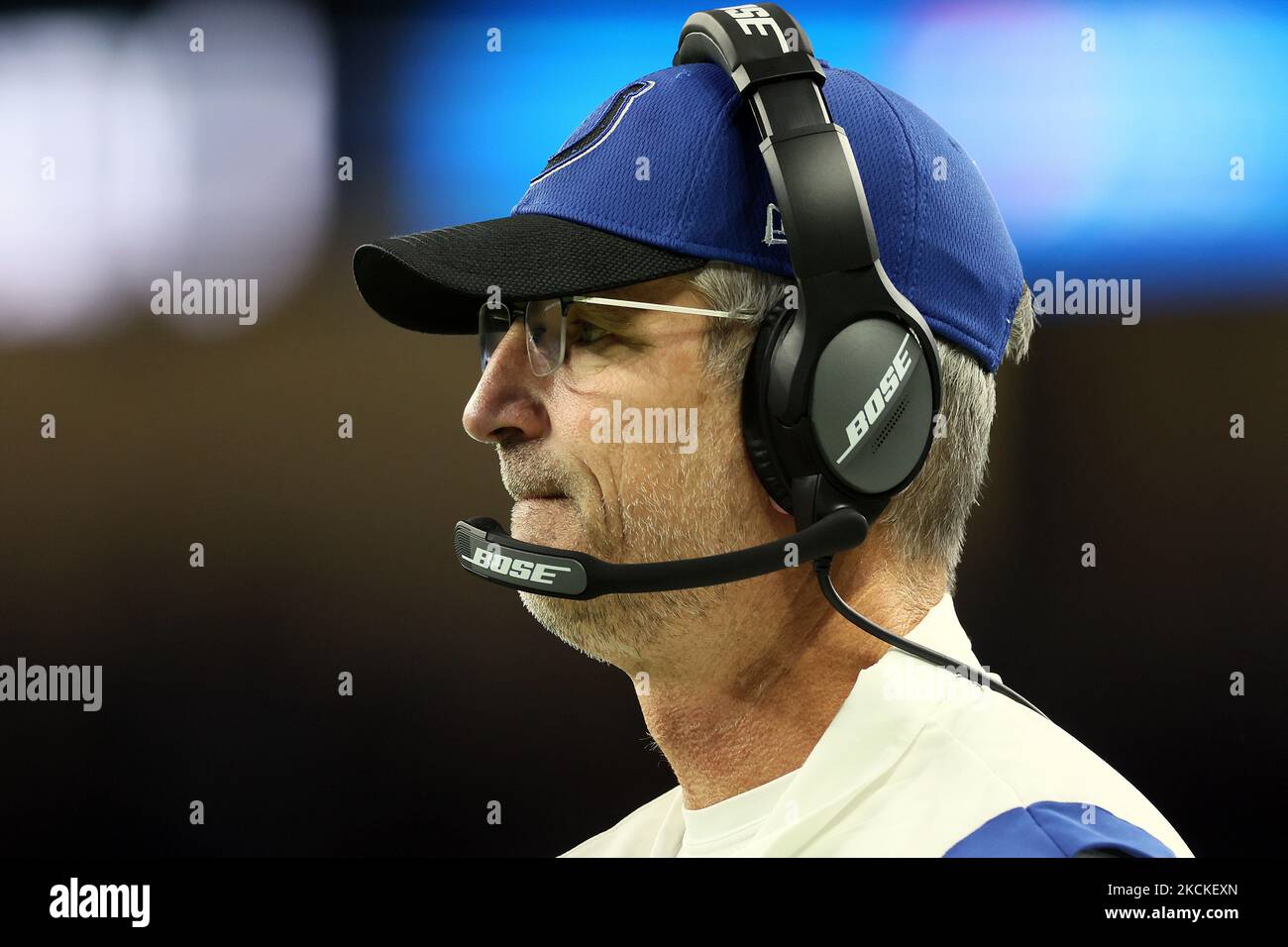 Indianapolis Colts head coach Frank Reich looks on during the first half of an NFL preseason football game between the Detroit Lions and the Indianapolis Colts in Detroit, Michigan USA, on Friday, August 27, 2021. (Photo by Amy Lemus/NurPhoto) Stock Photo