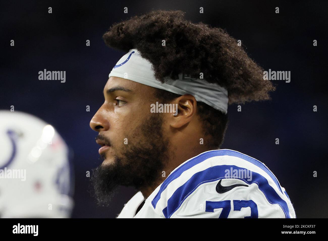 Indianapolis Colts offensive tackle Julie'n Davenport (73) comes to the line  against the Seattle Seahawks during an NFL football game in Indianapolis,  Sunday, Sept. 12, 2021. (Jeff Haynes/AP Images for Panini Stock