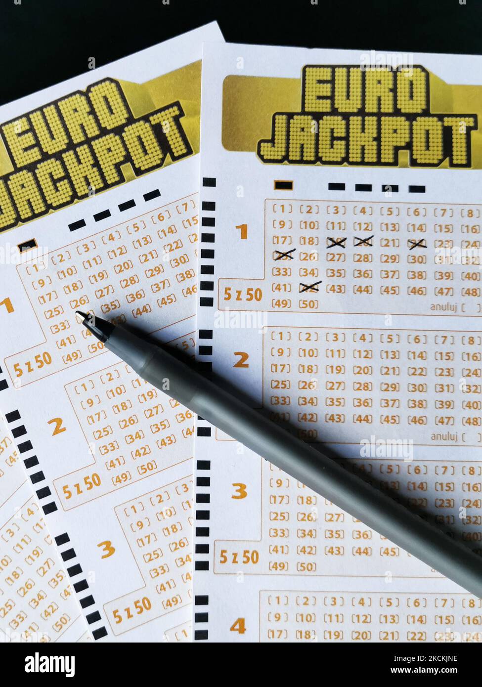 Close-Up of Eurojackpot lottery betting tickets. Krakow, Poland on August  31, 2021. (Photo by Beata Zawrzel/NurPhoto Stock Photo - Alamy