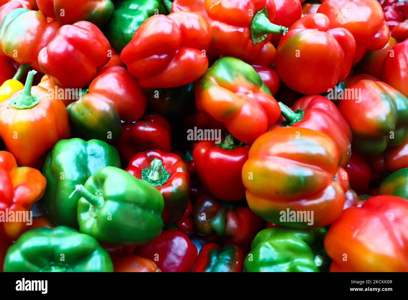 Peppers are seen on a stand at Stary Kleparz market in Krakow, Poland