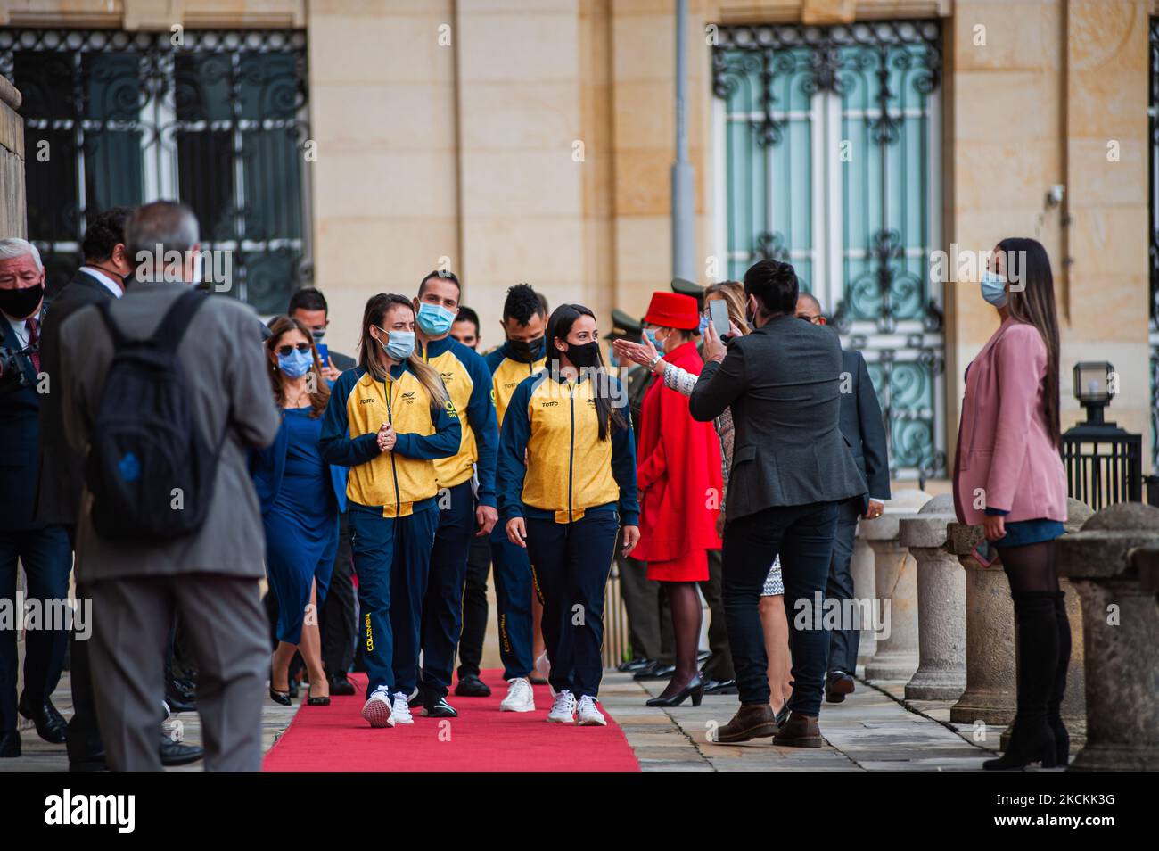 Olympic athletes Sandra Arenas (Left) and Mariana Pajon (Right) arrive to a press event at the Colombian congress were Juan Diego Gomez Jimenez president of the senate give the senate acknowledgment to Colombian olympic medallists of Tokyo 2021 olympics Mariana Pajon, Luis Javier Mosquera, Sandra Arenas and Carlos Ramirez in Bogota, Colombia on August 31, 2021. (Photo by Sebastian Barros/NurPhoto) Stock Photo