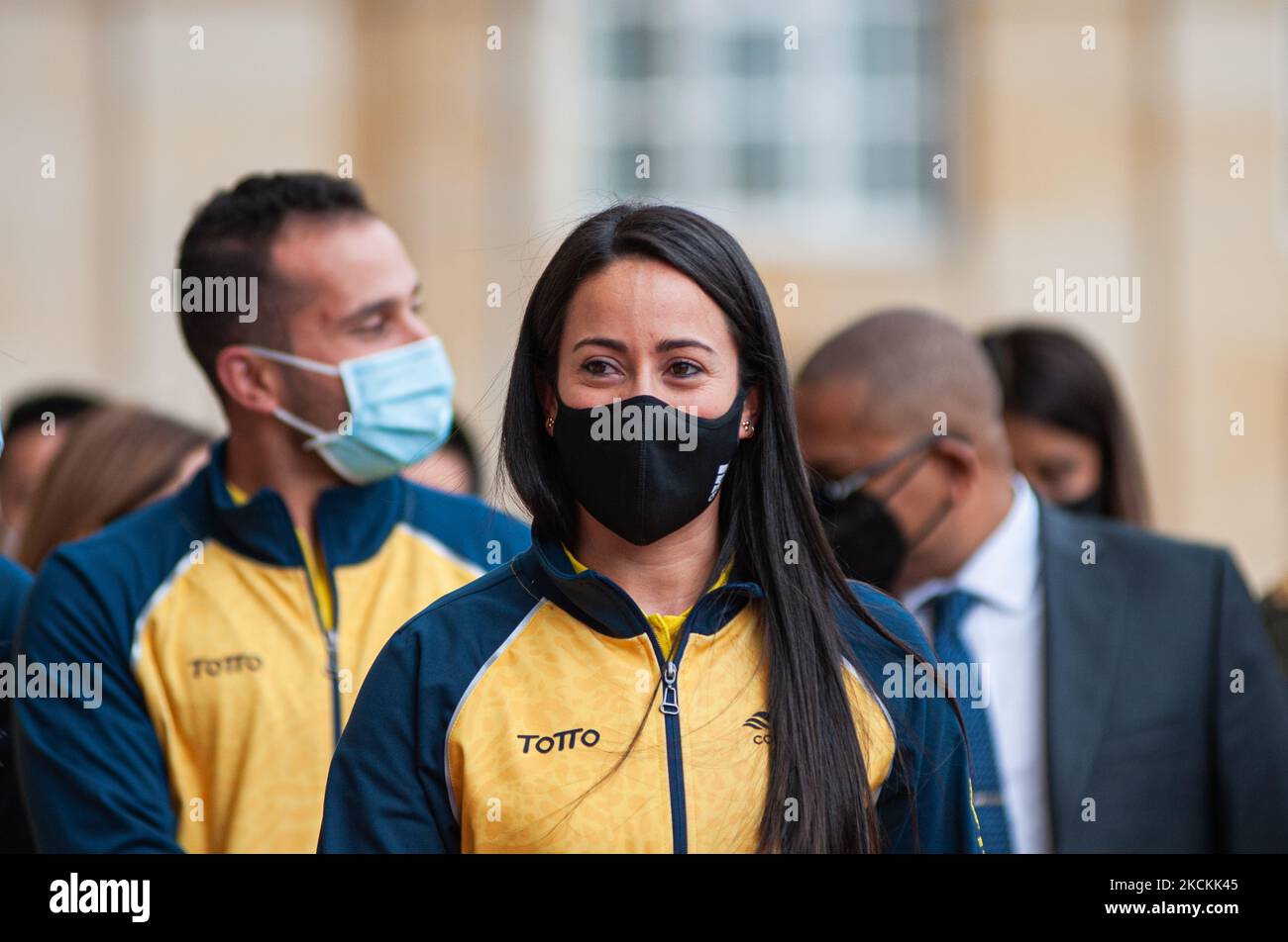 Headshot of olympic athlete Mariana Pajon during a press event at the Colombian congress were Juan Diego Gomez Jimenez president of the senate give the senate acknowledgment to Colombian olympic medallists of Tokyo 2021 olympics Mariana Pajon, Luis Javier Mosquera, Sandra Arenas and Carlos Ramirez in Bogota, Colombia on August 31, 2021. (Photo by Sebastian Barros/NurPhoto) Stock Photo