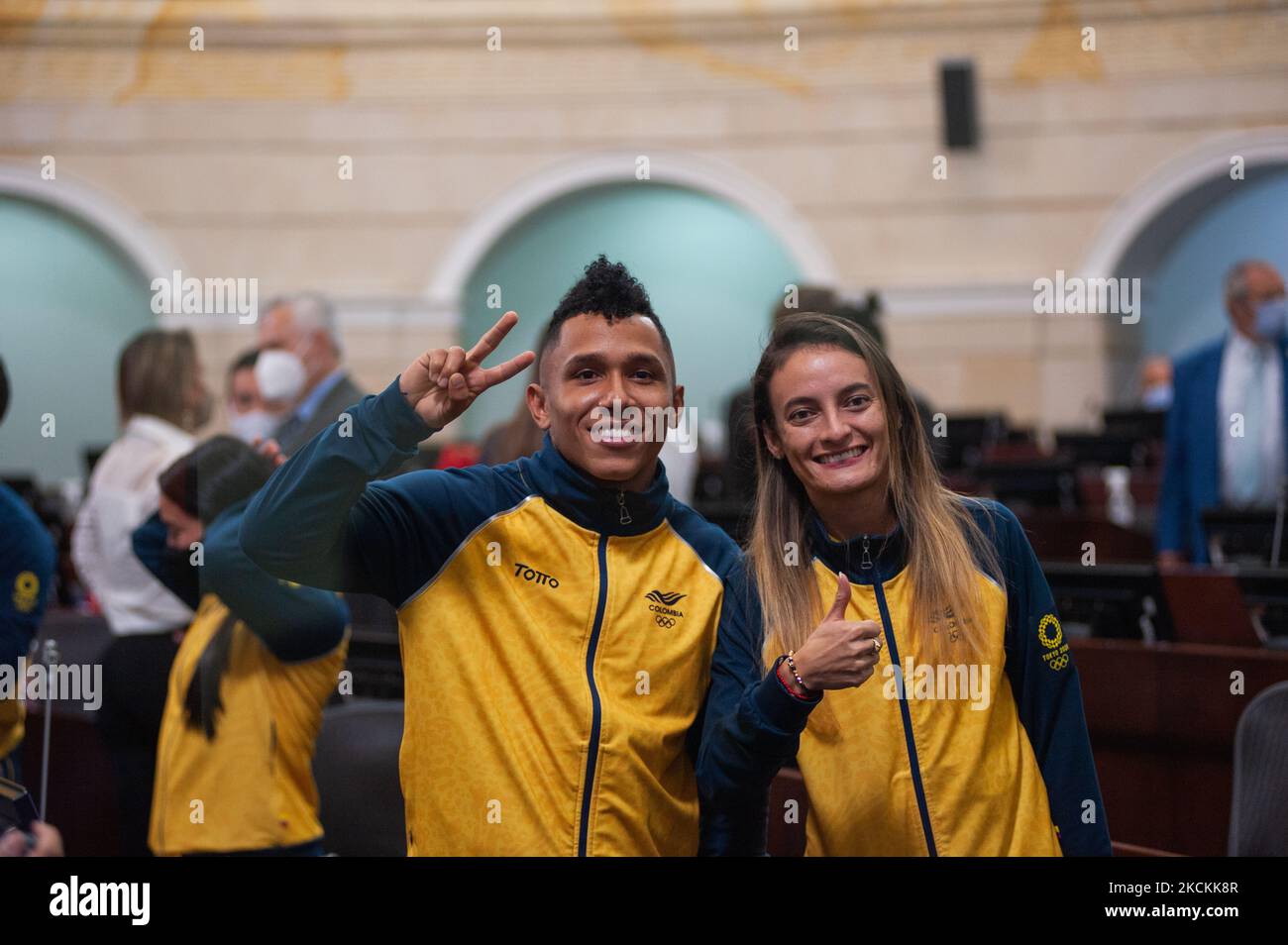 Luis Javier Mosquera (Left) and Sandra Arenas (Right) during a press event at the Colombian congress were Juan Diego Gomez Jimenez president of the senate give the senate acknowledgment to Colombian olympic medallists of Tokyo 2021 olympics Mariana Pajon, Luis Javier Mosquera, Sandra Arenas and Carlos Ramirez in Bogota, Colombia on August 31, 2021. (Photo by Sebastian Barros/NurPhoto) Stock Photo