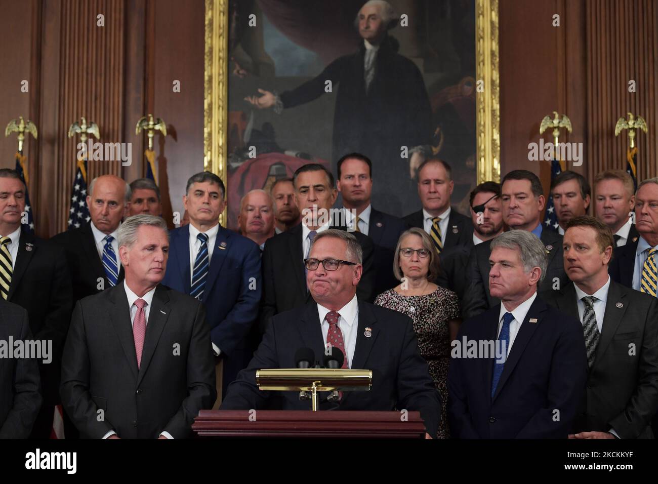 Republican Veterans Affairs Committee Ranking member Mike Bost(R-ILL) speaks about Afghanistan and Accountability during a press conference, today on August 31, 2021 at House/Capitol Hill in Washington DC, USA. (Photo by Lenin Nolly/NurPhoto) Stock Photo